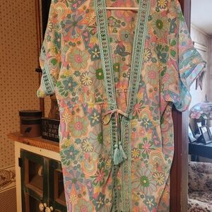 Floral Boho Tassel Kimono Cover-Up in Pastel Green & Pink